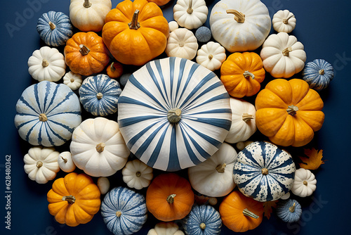 Autumn background with pile of mini pumpkins, overhead view. Pie pumpkin surrounded by mini pumpkins on dark blue background, top view. Halloween and autumn harvest