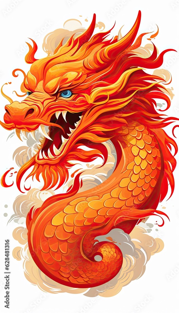 Drawing of a red Chinese dragon in a traditional folk style. Generated by AI.