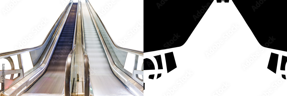 Long exposure photography of escalators in movement isolated on white ...