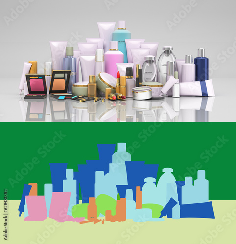 Collection of empty label packaging for cosmetics brand presentation 3d render on grey with colored alpha