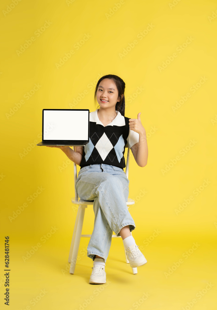 fullbody image of asian girl sitting and using laptop  on yellow background