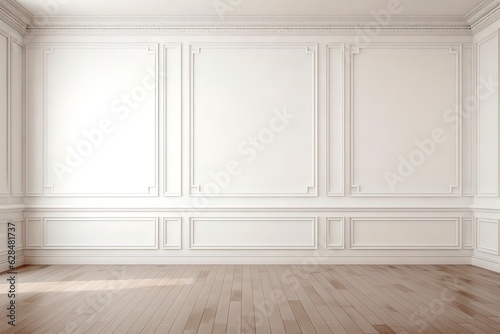 White empty room mock-up with brown curtain, white door and wood floor. 3D illustration | Modern living room interior with blank space and empty wall, Generative AI