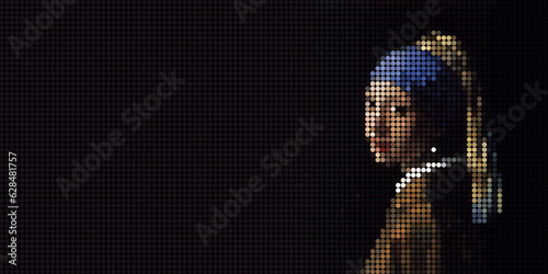 Abstract female portrait drawing in dots pixel art, stylization of painting Girl with a Pearl. Space for text on left. photo