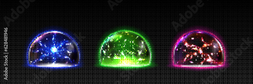 Realistic set of fortunetelling crystal balls isolated on transparent background. Vector illustration of neon blue, green, pink globes with magic power lightning effect, electric energy discharge