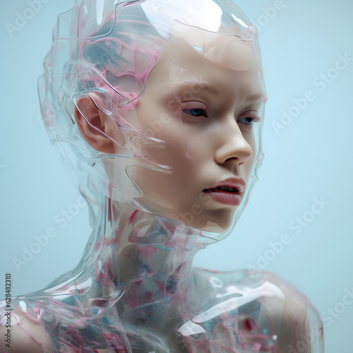 Female android with translucent skin, high-tech humanoid robot showcasing futuristic AI innovation on blue background with copy space photo