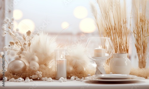 Gold christmas balls  white baubles with dry grass  festive table decoration of Xmas celebration  golden loving setting. Smooth light  some bokeh. Luxury romantic card for seasonal greetings.