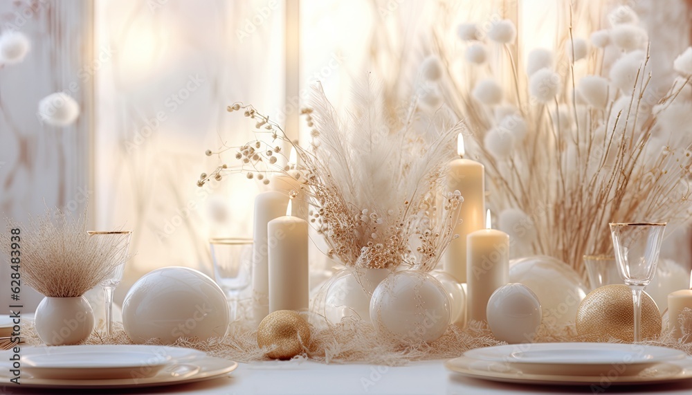 Gold christmas balls, white baubles with dry grass, festive table decoration of Xmas celebration, golden loving setting. Smooth light, some bokeh. Luxury romantic card for seasonal greetings.
