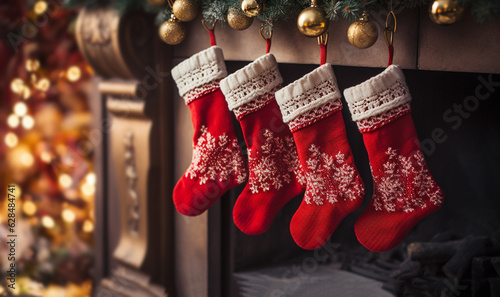 Three red christmas stockings on fireplace mantle, cozy interior decoration. Hanging red socks for presents and toys. Merry Christmas concept © annebel146