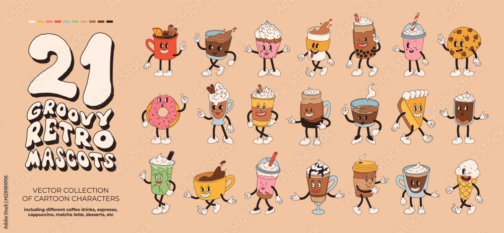 Retro groovy set with coffee mascot, cartoon characters, funny colorful doodle style characters, cappuccino, cocoa, latte, espresso and desserts. Vector illustration on beige isolated background.