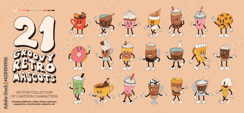 Photo Retro groovy set with coffee mascot, cartoon characters, funny colorful doodle style characters, cappuccino, cocoa, latte, espresso and desserts