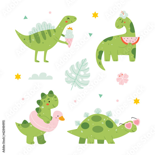 Set of cute summer dinosaurs. Summer vibe  flat style.