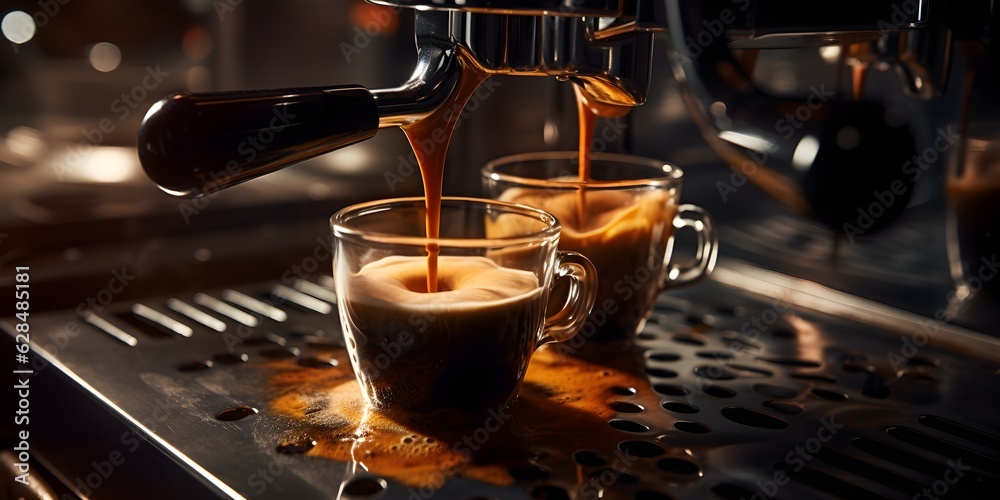 Coffee espresso steel machine, barista cafe restaurant. Making fresh coffee created with Generative AI technology Coffee espresso steel machine, barista cafe restaurant. Making fresh coffee created with Generative AI technology