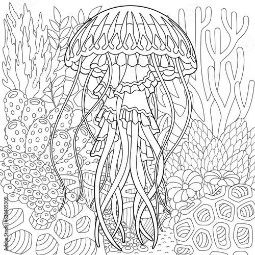 Adult colouring page with a jellyfish. Outline intricate underwater design.