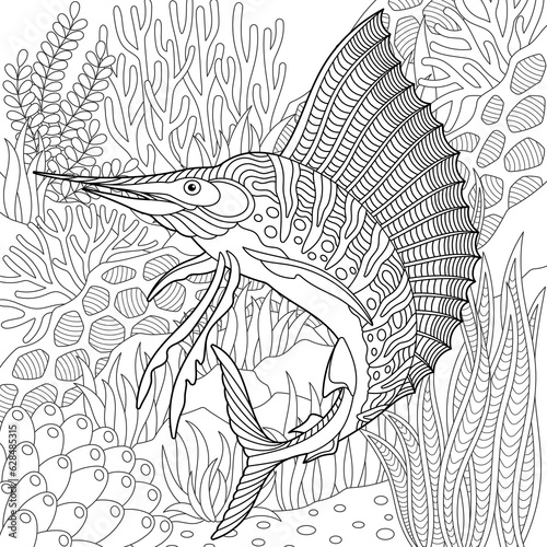 Adult colouring page with a marlin fish. Outline intricate underwater design.