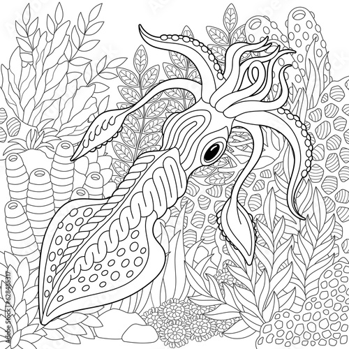 Adult colouring page with a squid. Outline intricate underwater design.