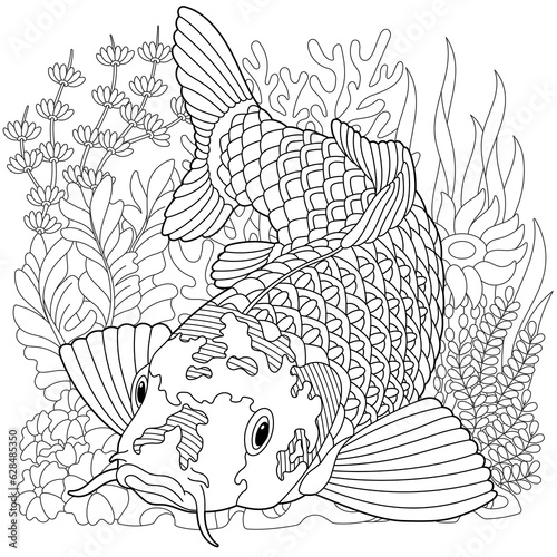 Adult colouring page with a koi fish. Outline intricate underwater design.