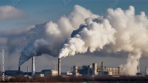 View of industrial landscape with chimneys with thick smoke causing air pollution in a blue sky