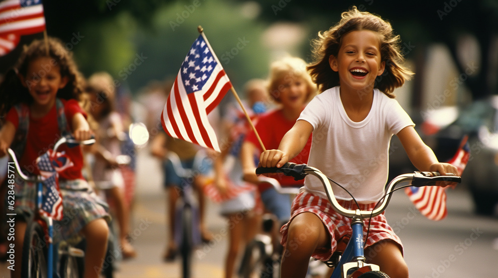 Fototapeta premium Children's Patriotic Activities: An image showing children engaged in painting flags, decorating bikes, or participating in a Fourth of July-themed parade.