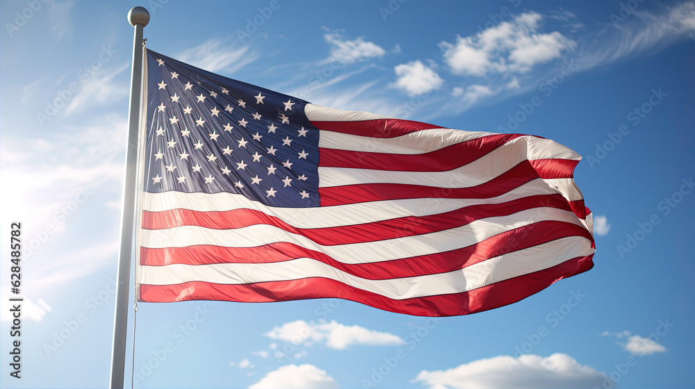 American Flag Waving in the Wind: An image of the American flag flying proudly in the wind against a clear blue sky.