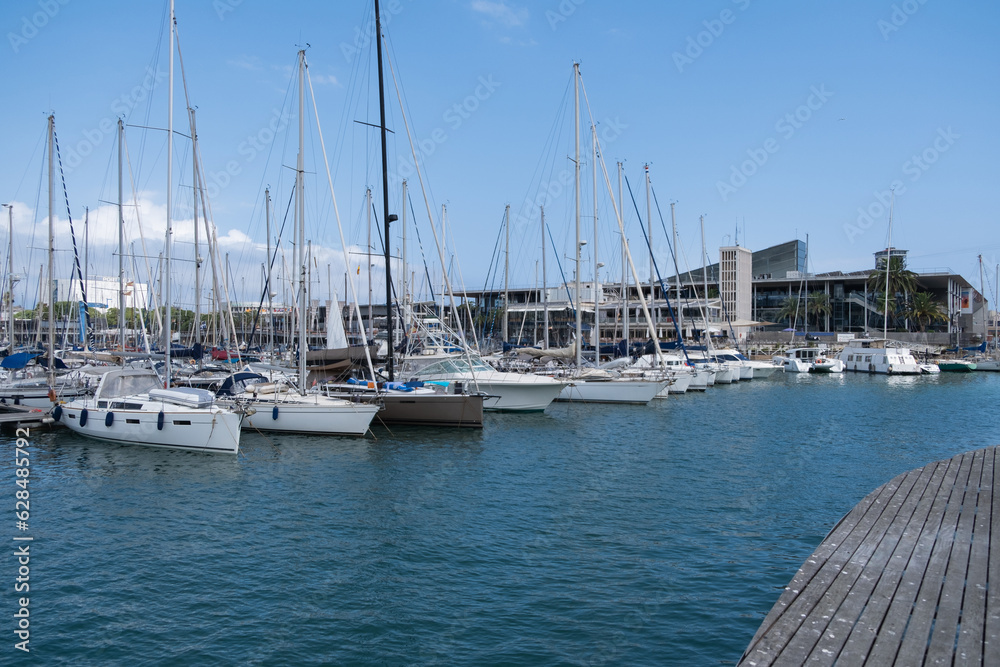 Yachts in marina in port of Barcelona area, Catalonia, Spain