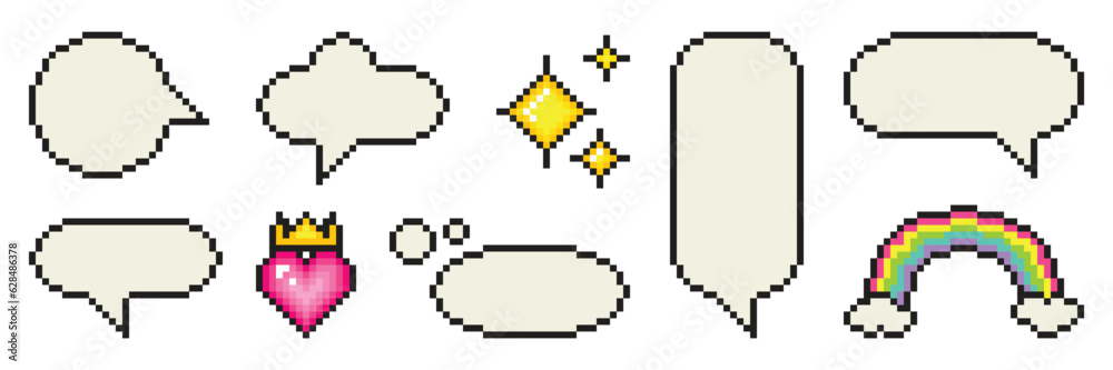Set of pixel art dialogue box, heart, star, rainbow. Speech bubbles in ...