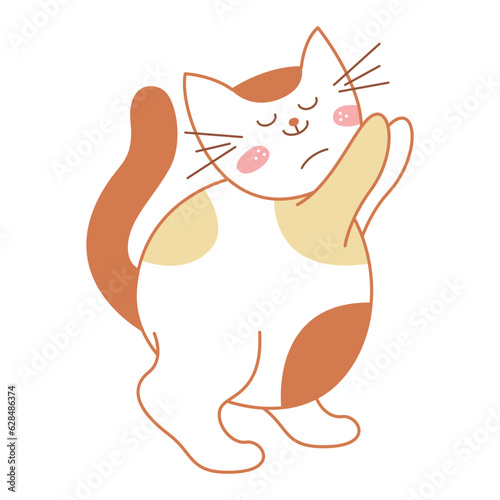 A cute cat stands on its hind legs and asks to be held. Doodle color clip art on a white background.