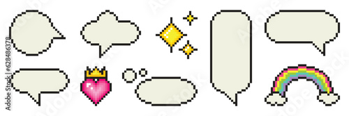 Set of pixel art dialogue box, heart, star, rainbow. Speech bubbles in the mood of 90's aesthetics. Vector 8-bit retro style illustration. 