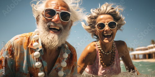 Happy old couple having a good time at the beach.generative AI