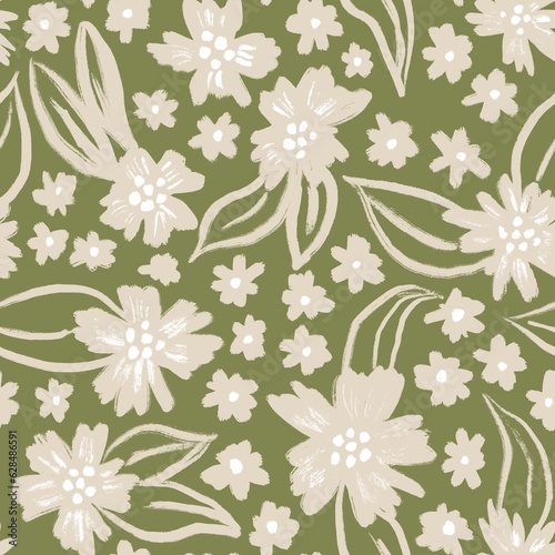 Hand drawn seamless pattern with muted pastel daisy flowers  neutral beige sage green floral design. Boho bohemian trendy loose nature blossom bloom leaves  victorian retro garden print  retro.