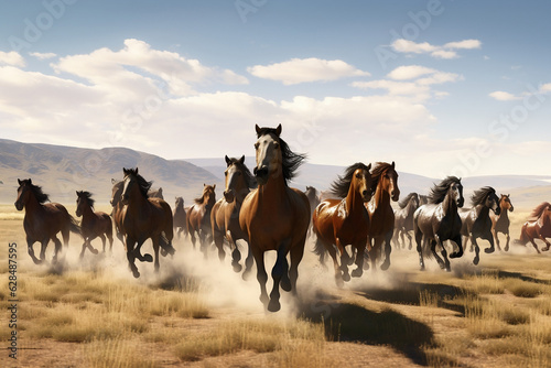 Majestic herd of wild horses galloping across the plains, embodying freedom.