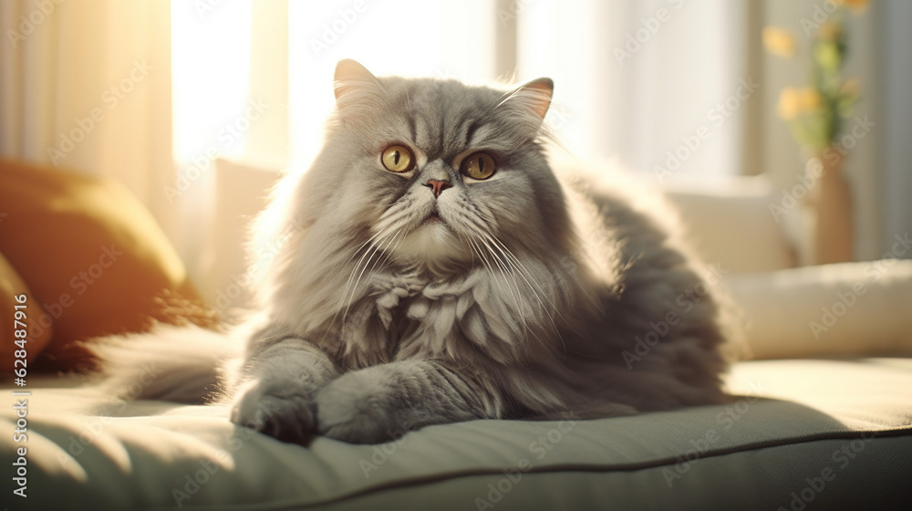 A gray Persian cat is lying in the living room looking at the camera.