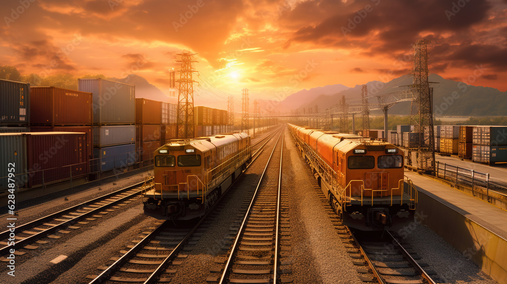 A Cargo locomotive, cargo train by diesel locomotive on rails, export import background, global business logistics and rail transport concept. A Cargo locomotive, cargo train by diesel locomotive on rails, export import background, global business logistics and rail transport concept.
