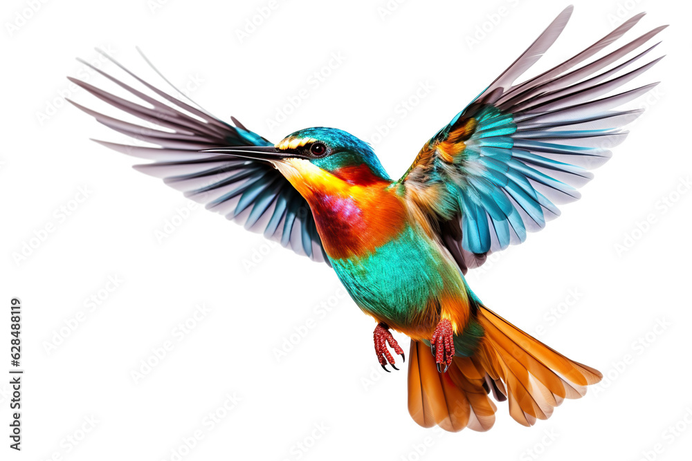 Fototapeta premium Very beautiful colorful bird in flight isolated on white background PNG