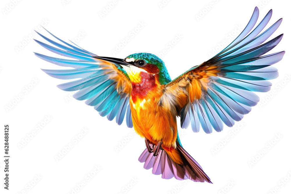 Very beautiful colorful bird in flight isolated on white background PNG