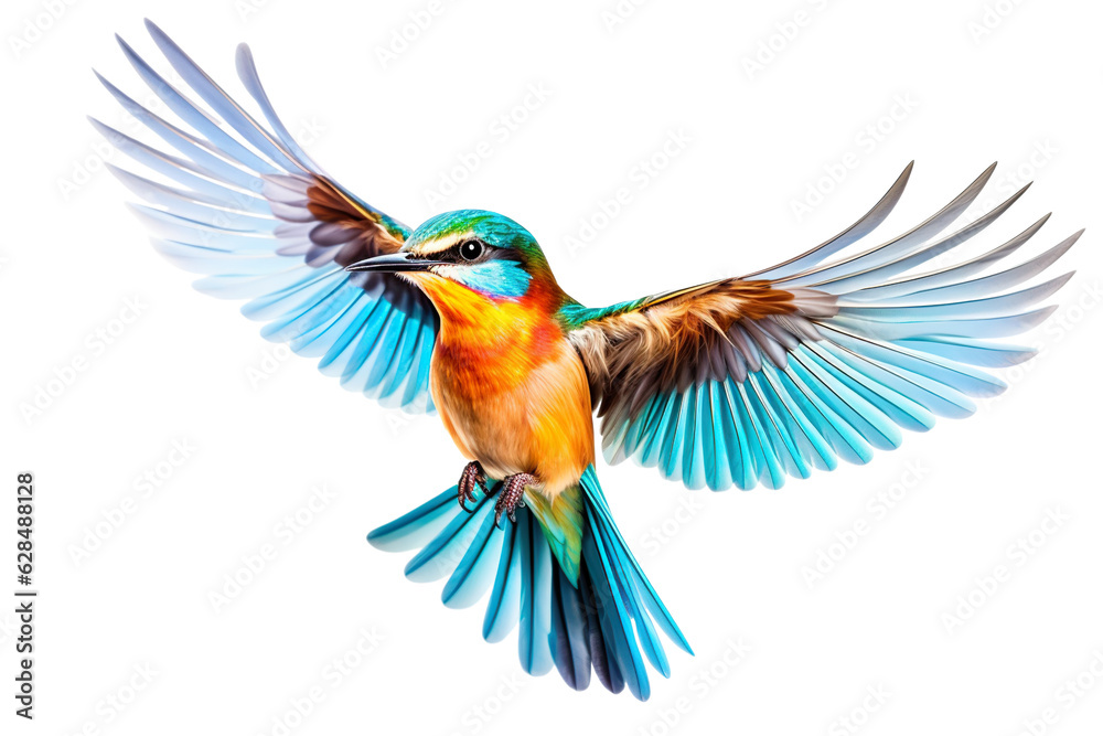 Fototapeta premium Very beautiful colorful bird in flight isolated on white background PNG
