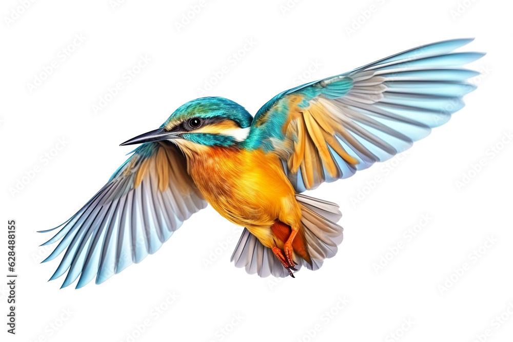 Obraz premium Very beautiful colorful bird in flight isolated on white background PNG