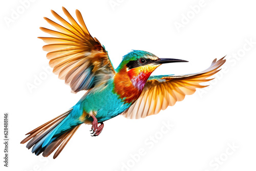 Very beautiful colorful bird in flight isolated on white background PNG
