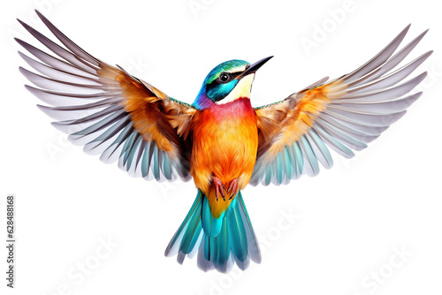 Very beautiful colorful bird in flight isolated on white background PNG © JetHuynh