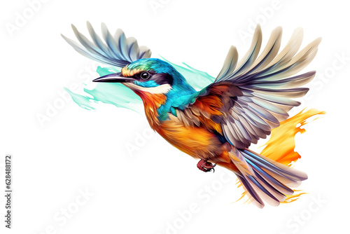 Very beautiful colorful bird in flight isolated on white background PNG © JetHuynh