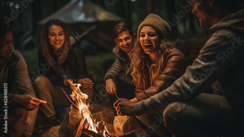 A group of travelers sitting around a bonfire, roasting marshmallows, and sharing stories Generative AI