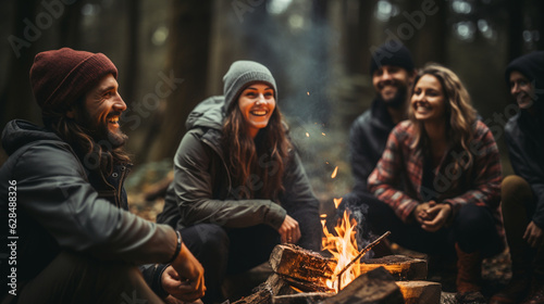 A group of travelers sitting around a bonfire  roasting marshmallows  and sharing stories Generative AI