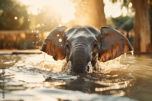 Fotografiet 水浴びをする象, 赤ちゃん象, アフリカ象, Bathing Elephant, Baby Elephant, African Elephant, Genera