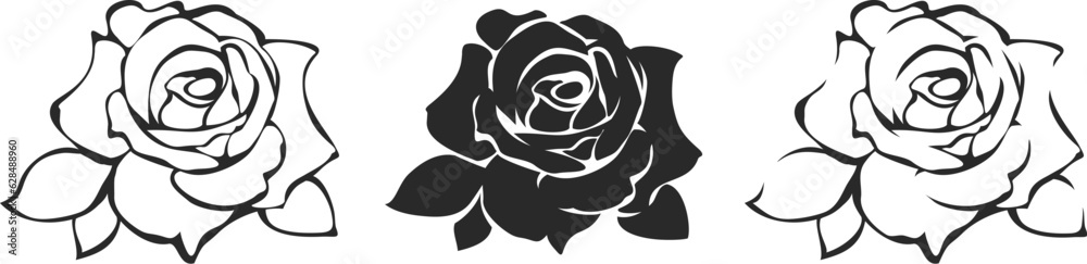 Rose flowers isolated on a white background. Roses tattoo design. Set of vector black and white illustrations