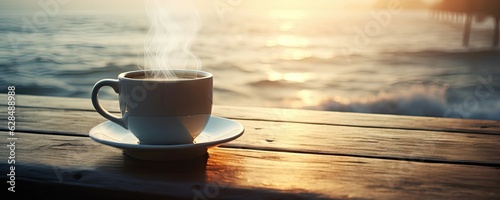 Closeup on freshly hot coffee cup on wooden table. Beach holiday with sea view