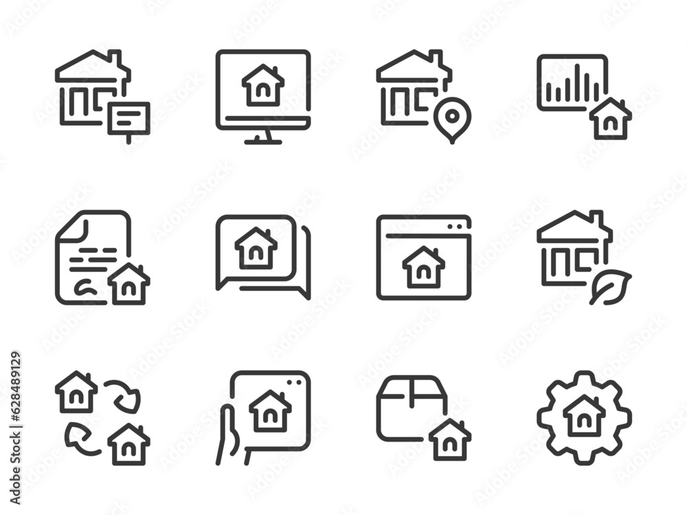 Real Estate and Property vector line icons. Building and Apartment ownership outline icon set. Online Agency, Contract, Report, Flipping, House Market Research and more.