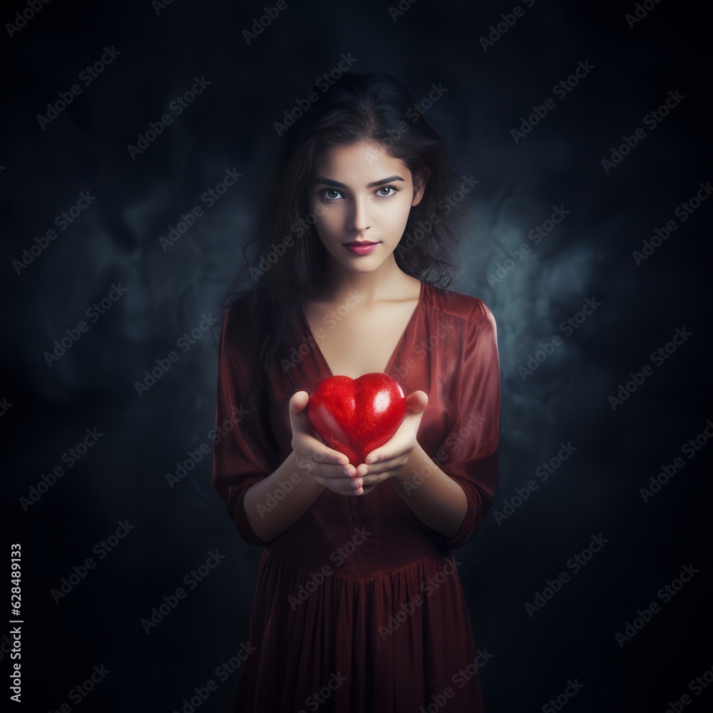 Young beautiful girl holding red heart, health care and family insurance concept, world health day, adoptive family, hope, gratitude, kindness. Generative Al Young beautiful girl holding red heart, health care and family insurance concept, world health day, adoptive family, hope, gratitude, kindness. Generative Al