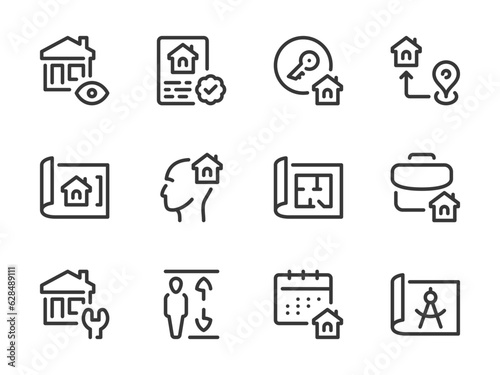 Real Estate and Property vector line icons. Building and Apartment ownership outline icon set. Portfolio, Location, Elevator, Agreement, Key Handover, Architectural Plans, House Repair and more.