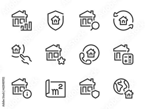 Real Estate and Property vector line icons. Building and Apartment ownership outline icon set. Protection, Information, Report, Plan, Calculations, House and more.