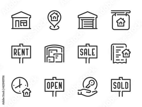 Real Estate and Property vector line icons. Building and Apartment ownership outline icon set. Rent, Location, Storage, Agreement, Key Handover, Sale Announcement, House and more.