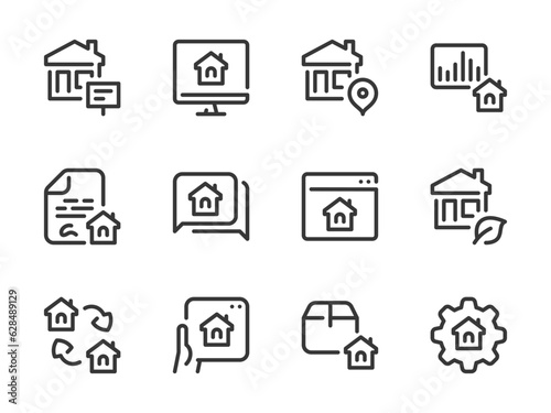 Real Estate and Property vector line icons. Building and Apartment ownership outline icon set. Online Agency, Contract, Report, Flipping, House Market Research and more.